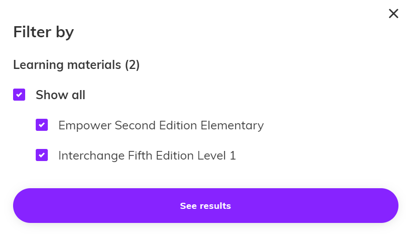 Screenshot showing the filter by material