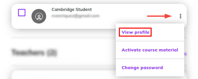 screenshot highlighting the 'View profile' option from the drop-down menu next to the students' name