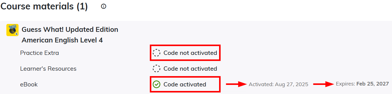 Screenshot of the course materials section where the status on the codes are displayed