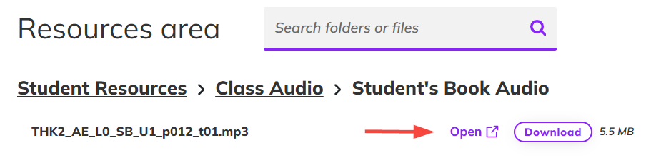 Screenshot of the Resources area highlighting the Open and Download buttons