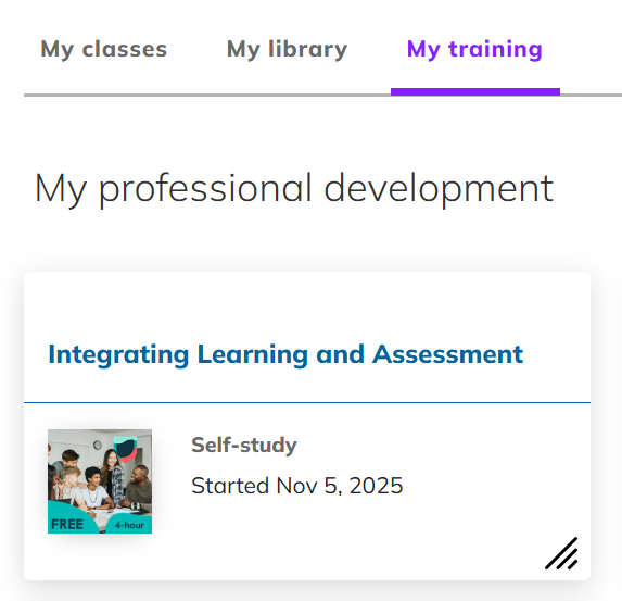 Screnshott showing My profesional development and an active course.png