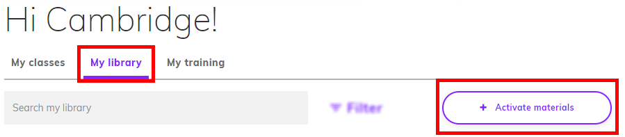 Screenshot showing the 'My library' section on the dashboard with the '+ Activate materials' button