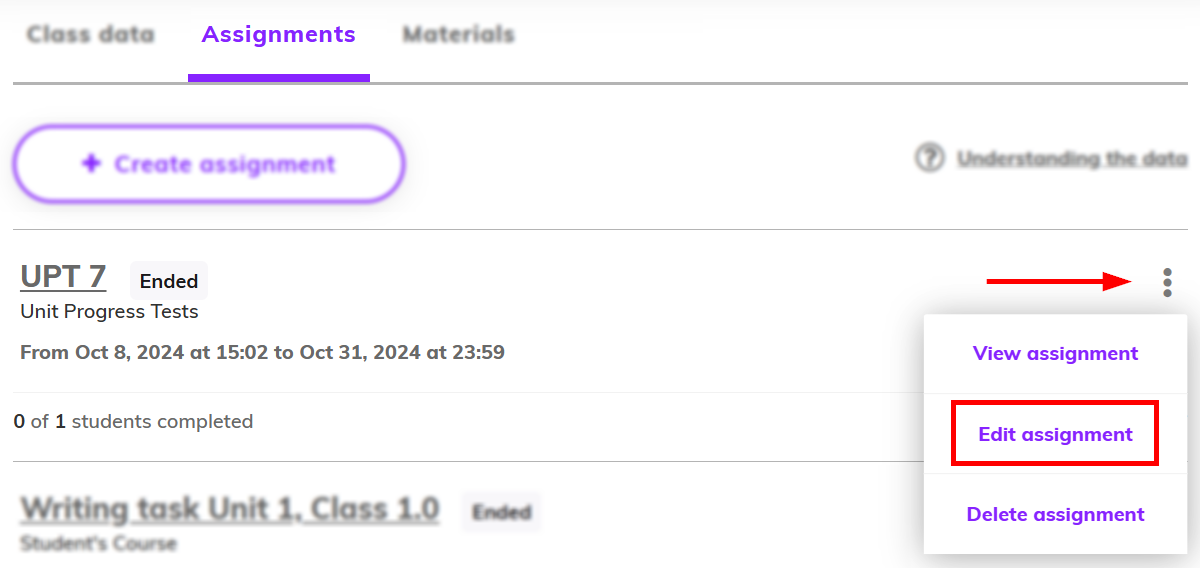 Screenshot highlighting the 'Edit assignment' option under the three dot menu