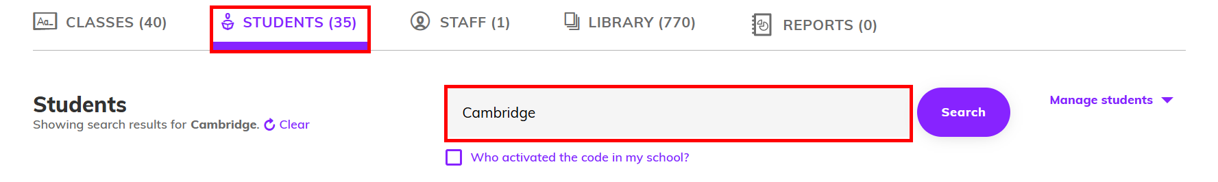 Screenshot highlighting the Students tab and the search bar