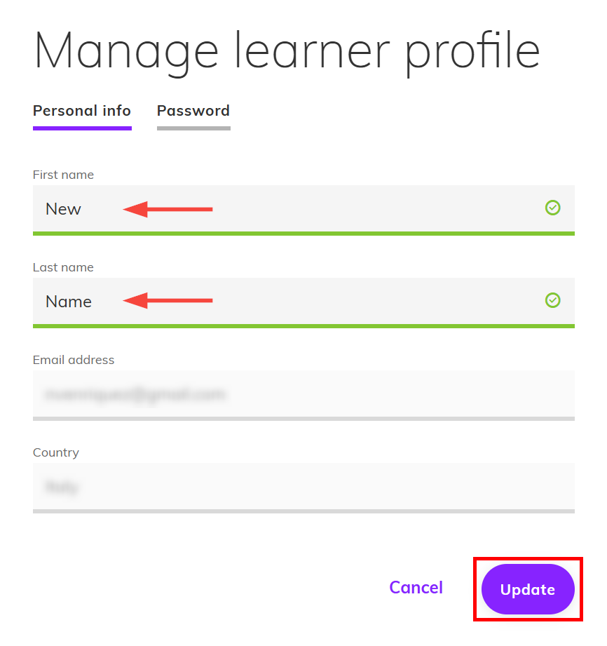 Screenshot of the manage learner profile page highlighting the First and Last names fields and the Update button