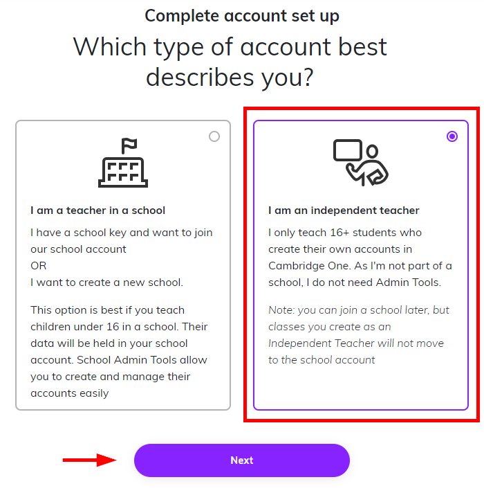 Screenshot showing the 'I am an independent teacher' option selected and highlighting the 'Next' button