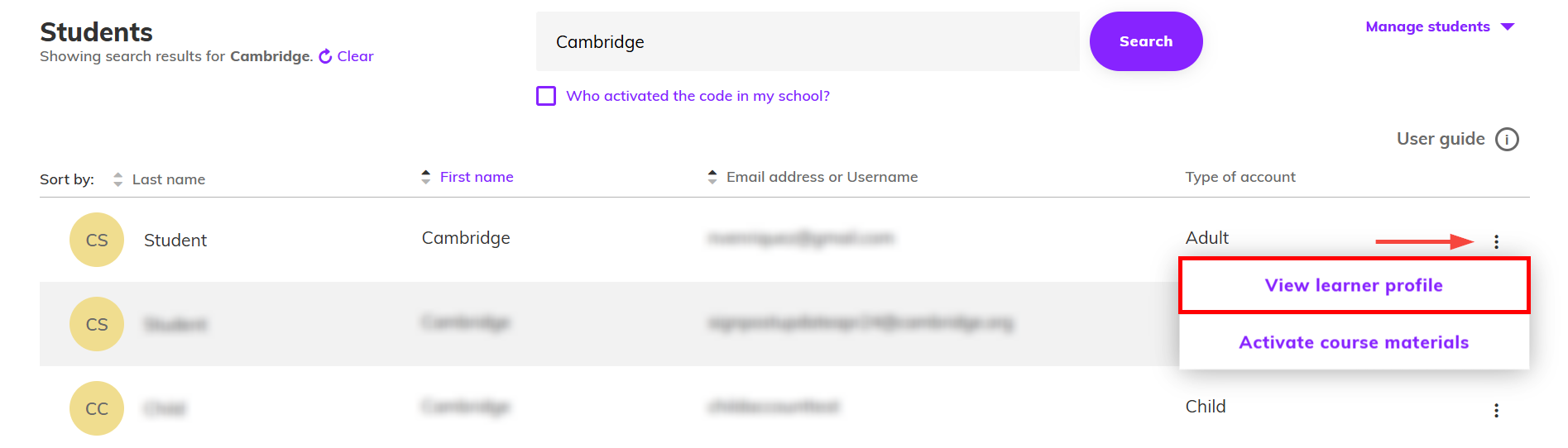 Screenshot highlighting the three dot menu and the 'View learner profile' button