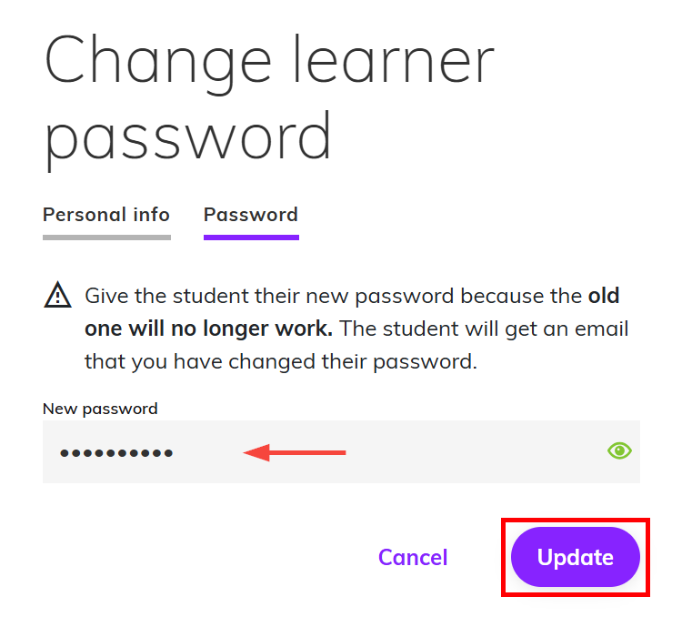 Screenshot of the Password tab highlighting the New password field and Update button
