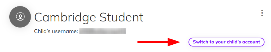 Screenshot highlighting the 'switch to your child's account' button in the parent account