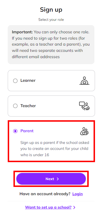 Screenshot showing the 'Sign up' page with the 'Parent' option selected, and the 'Next' button highlighted