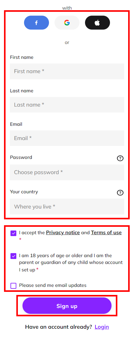 Screenshot showing the options to register, a box ticked to accept the privacy notice and the terms of use, and highlighting the Sign up button