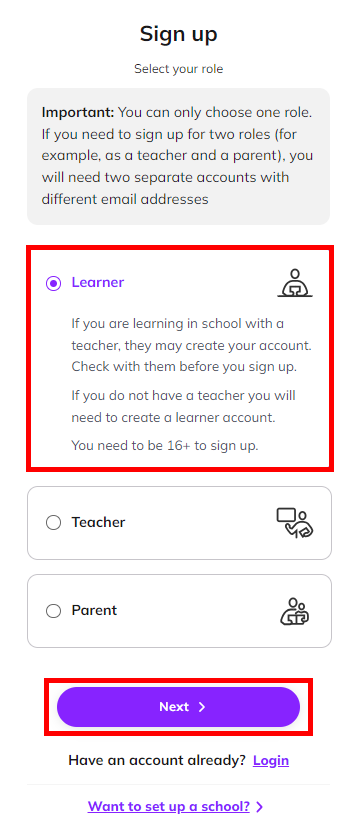 Screenshot showing the 'Sign up' page with the 'Learner' option selected and the 'Next' button highlighted