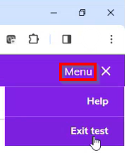 Screenshot showing the 'Menu' with the cursor over the 'Exit test' button