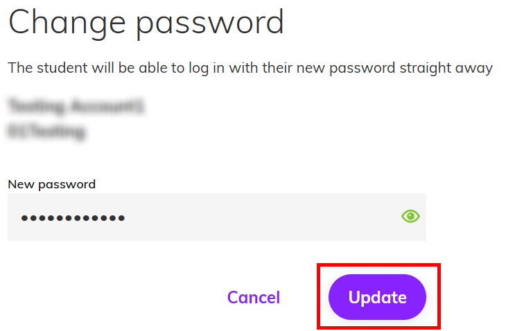Screenshot showing the 'Change password' dialog box with the 'Update' button highlighted
