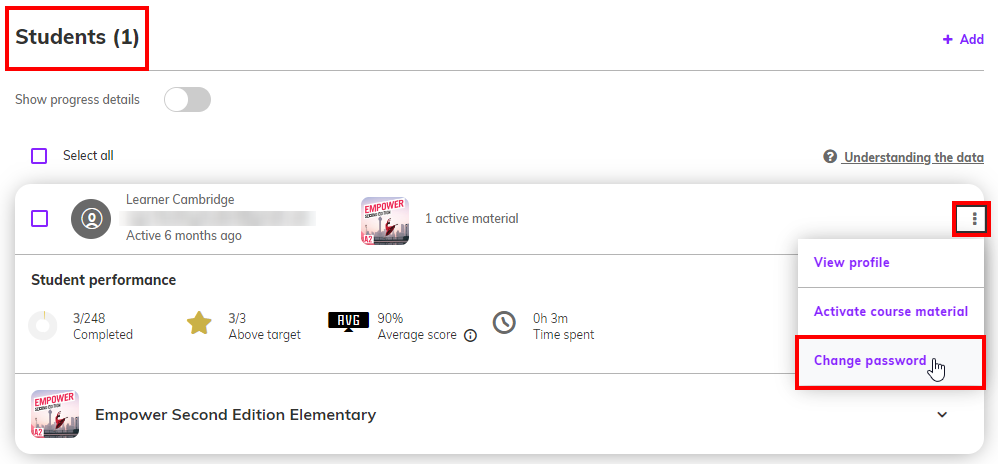 Screenshot showing the student list with the three-dot menu next to a student's name, highlighting the 'Change password' option