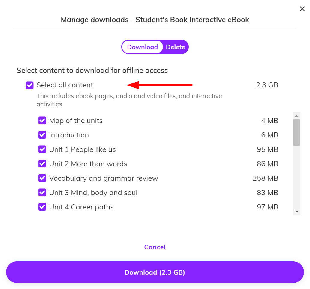 Screenshot of the manage downloads window 'Select all content' is highlighted