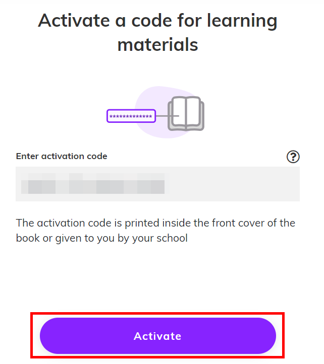 Screenshot showing the activation code entry field where users input their 16-character code, highlighting the 'Activate' button