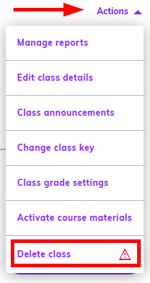 Screenshot of the 'Actions' menu higlighting 'Delete class'
