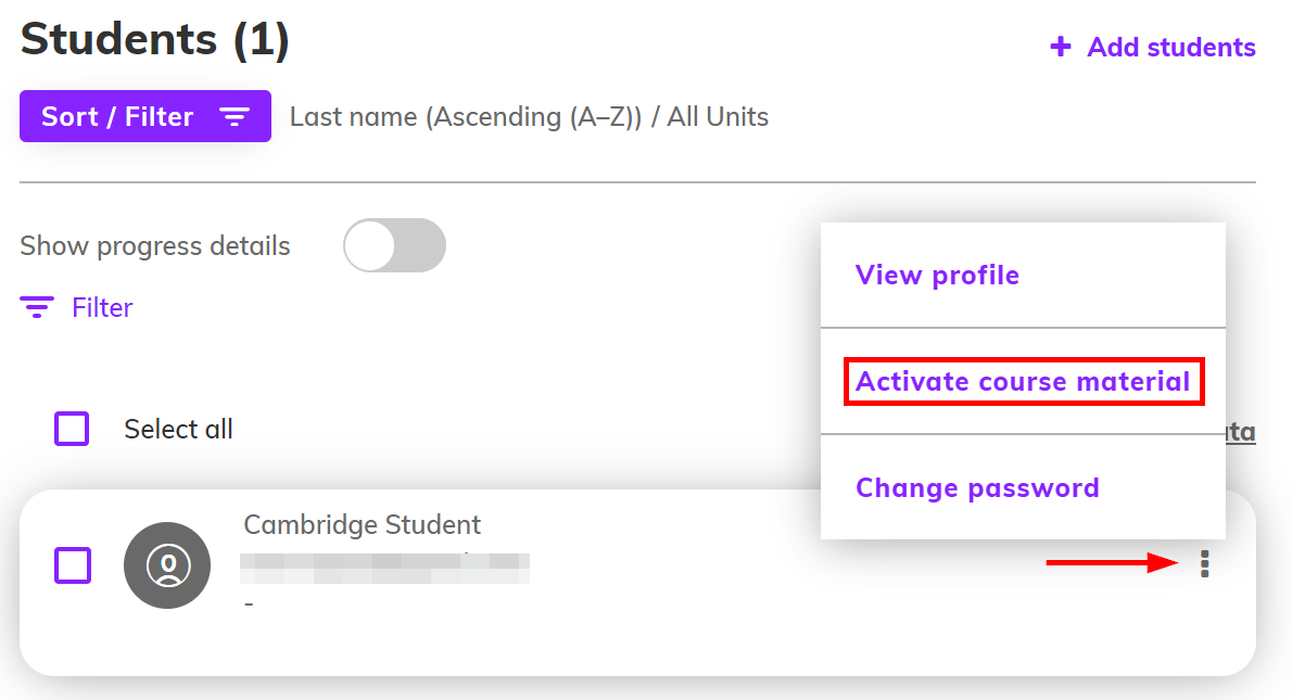 Screenshot highlighting 'Activate course material'