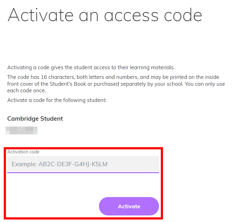 Screenshot of the 'Activate access code' page highlighitng the activation code field and 'Activate' button