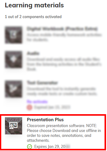 Screenshot highlighting the 'Presentation Plus' component once the title has been selected