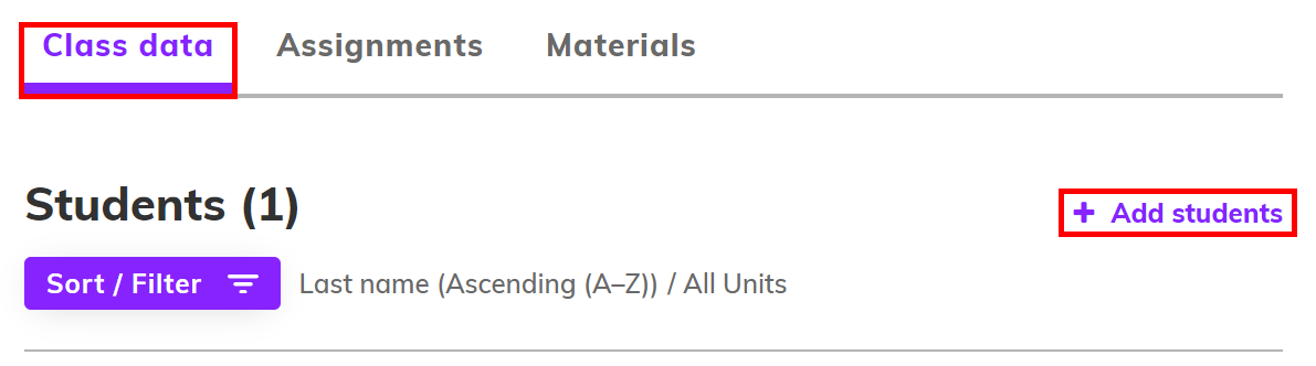 Screenshot of the 'Class data' page highlighting '+ Add students'