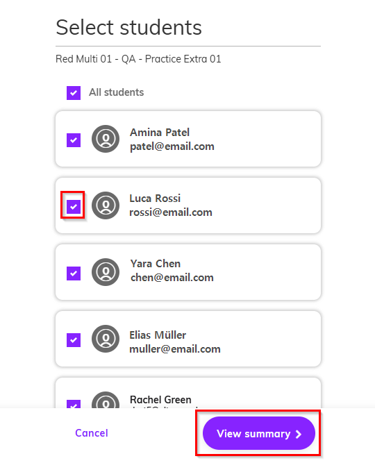 Screenshot of student selection highlighting student's box ticked and 'View summary' button