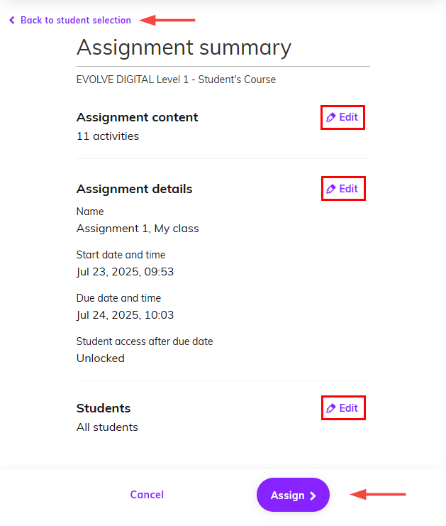 Screenshot showing the 'Assignment Summary' window with the 'Edit' buttons highlighted