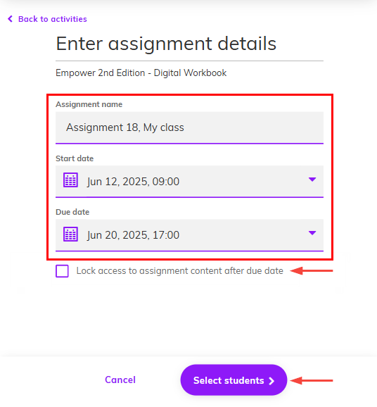 Screenshot of the edit assignment details window highlighting the modifiable fields, 'Lock access to assignment content after due date' and 'Select students'
