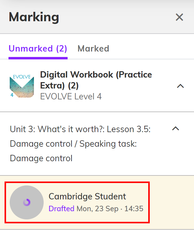 Screenshot of the marking queue highlighting a student's submission