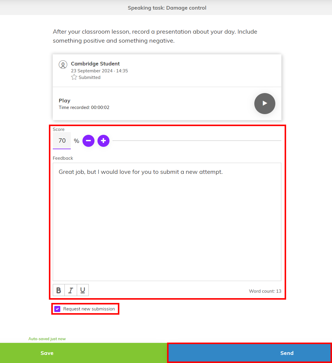 Screenshot highlighting the score and feedback fields as well as the 'Request new submission' checkbox ticked and the 'Send' button pointed