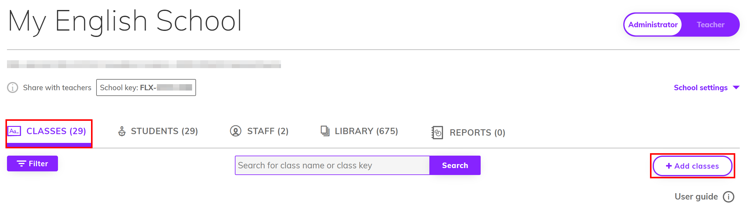 Screenshot of the 'Classes' tab with the 'Add class' button highlighted