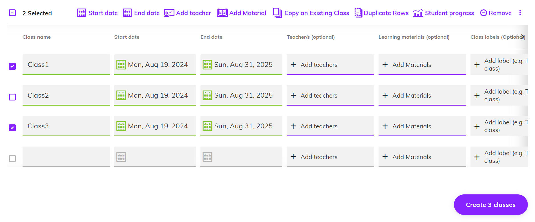 Screenshot of the 'Class management' page showing 2 classes selected