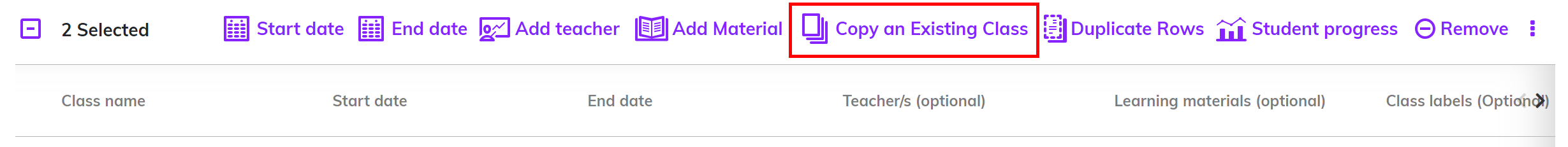 Screenshot highlighting the 'Copy an Existing Class' option