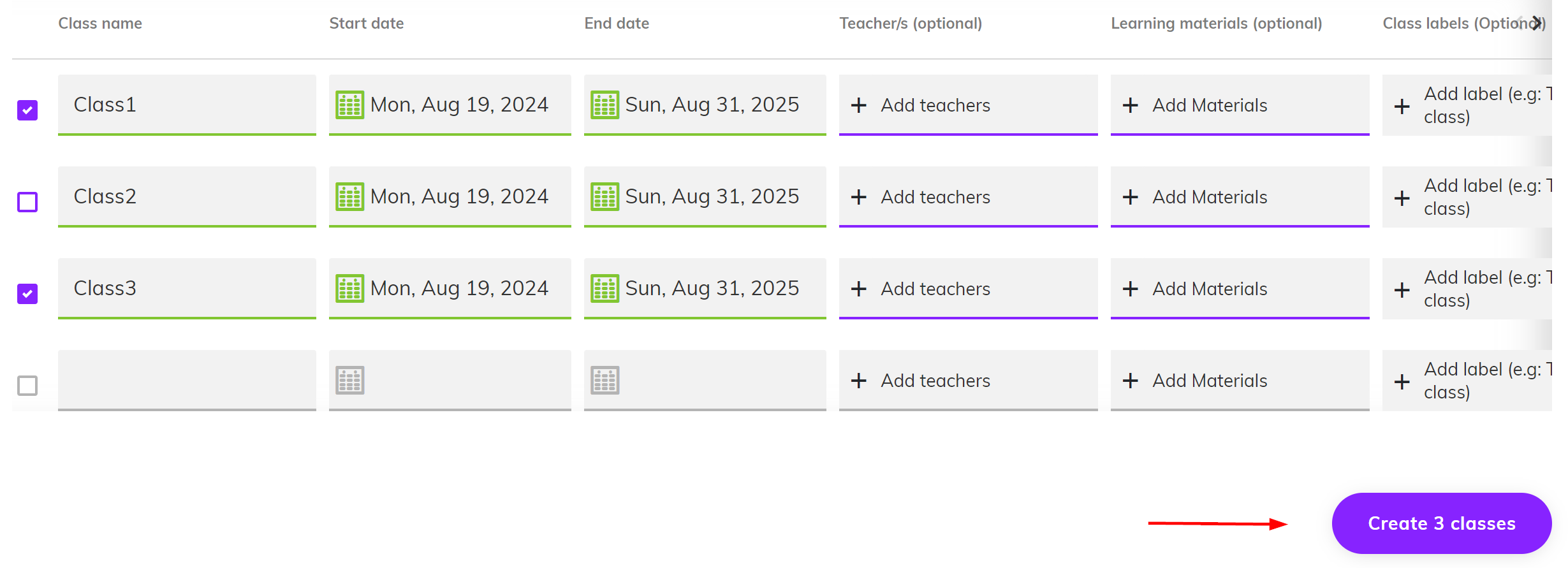 Screenshot highlighting the 'Create number of classes' button