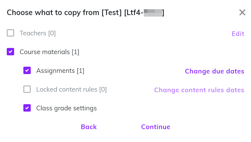 Screenshot showing different items selected to be copied from the template class