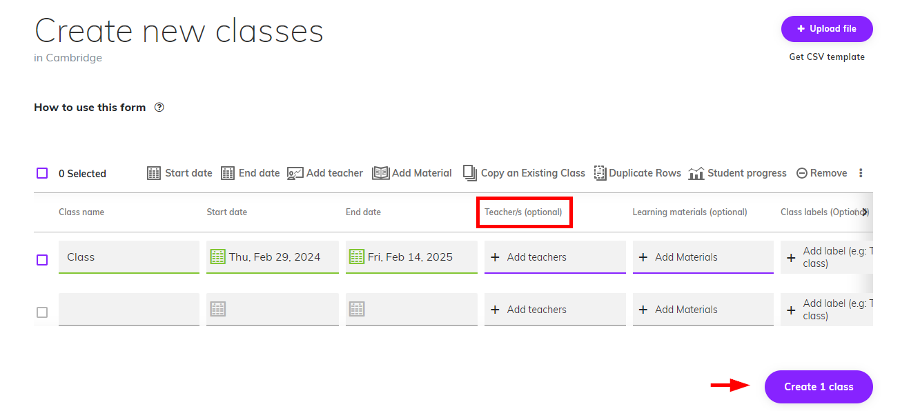 Screenshot showing the 'Create new classes' page, highlighting the 'Teachers' field, and the 'Create class' button