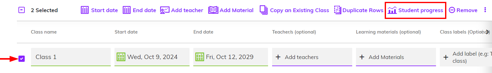 Screenshot showing the checkbox ticked next to a class and the 'Student progress' option highlighted
