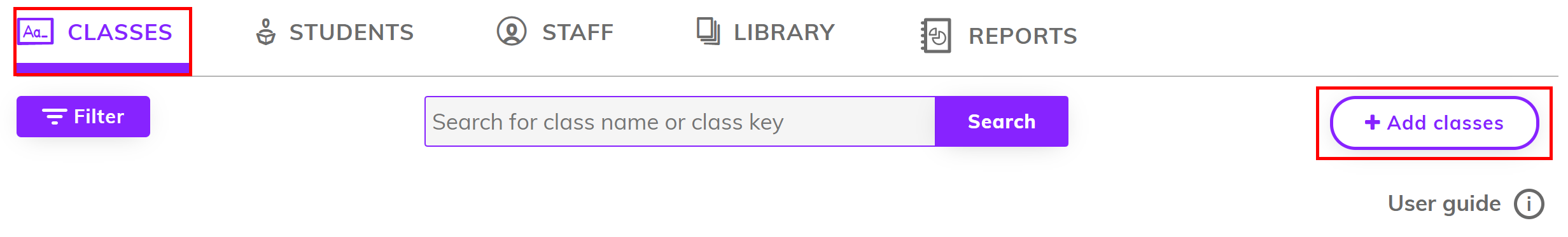 Screenshot of the administrator dashboard, the 'Classes' tab and '+ Add classes' button are highlighted