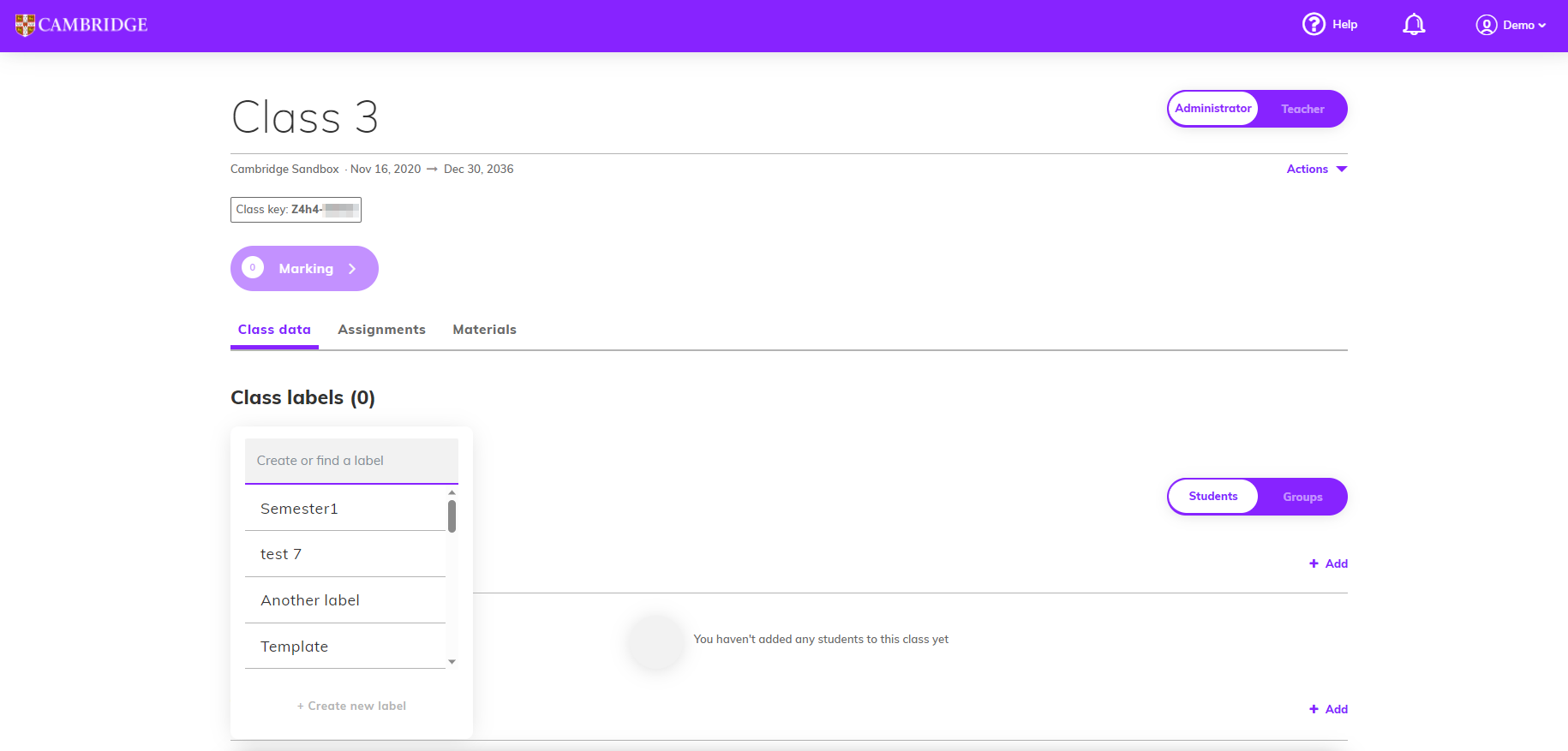 Screenshot showing the 'Class labels' dropdown menu