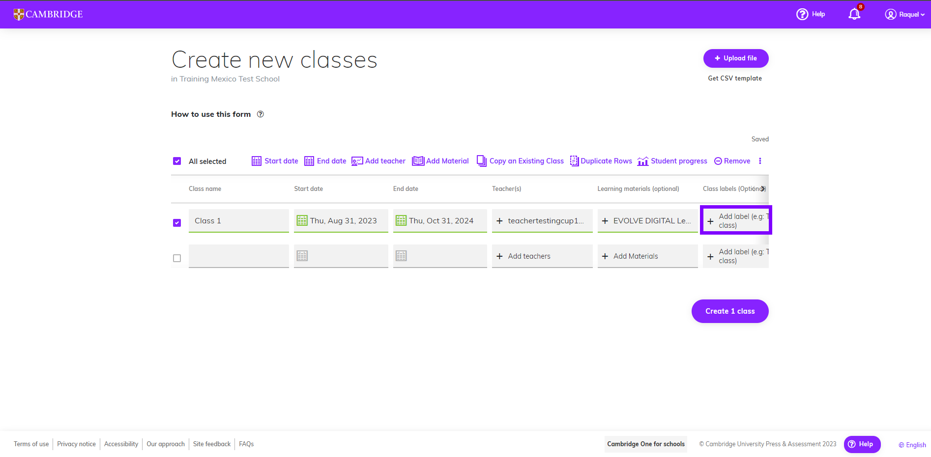 Screenshot of the 'Create new classes' form with the '+ Add label' button highlighted