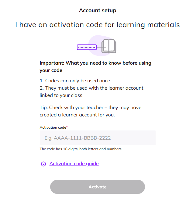 Screenshot showing the code activation page