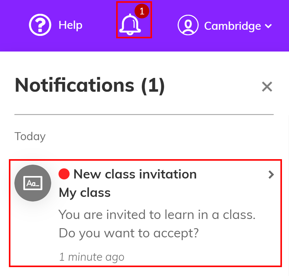 Screenshot showing the bell icon and the notification panel, with a class invitation message highlighted