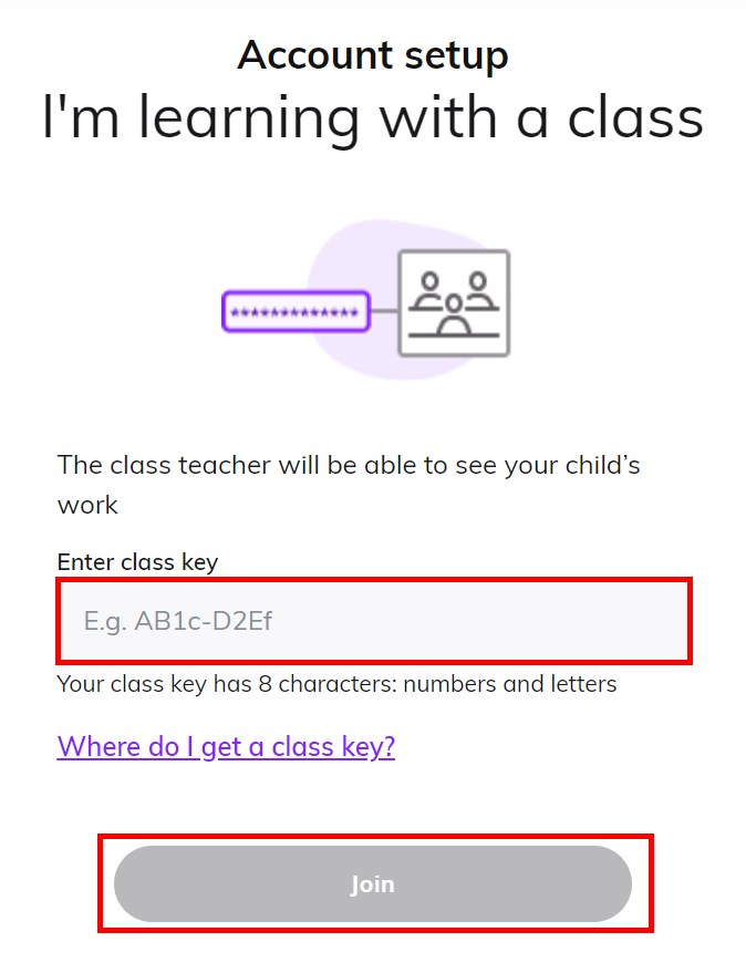 Screenshot showing the 'I'm learning with a class' screen highlighting the class key entry field and the 'Join' button