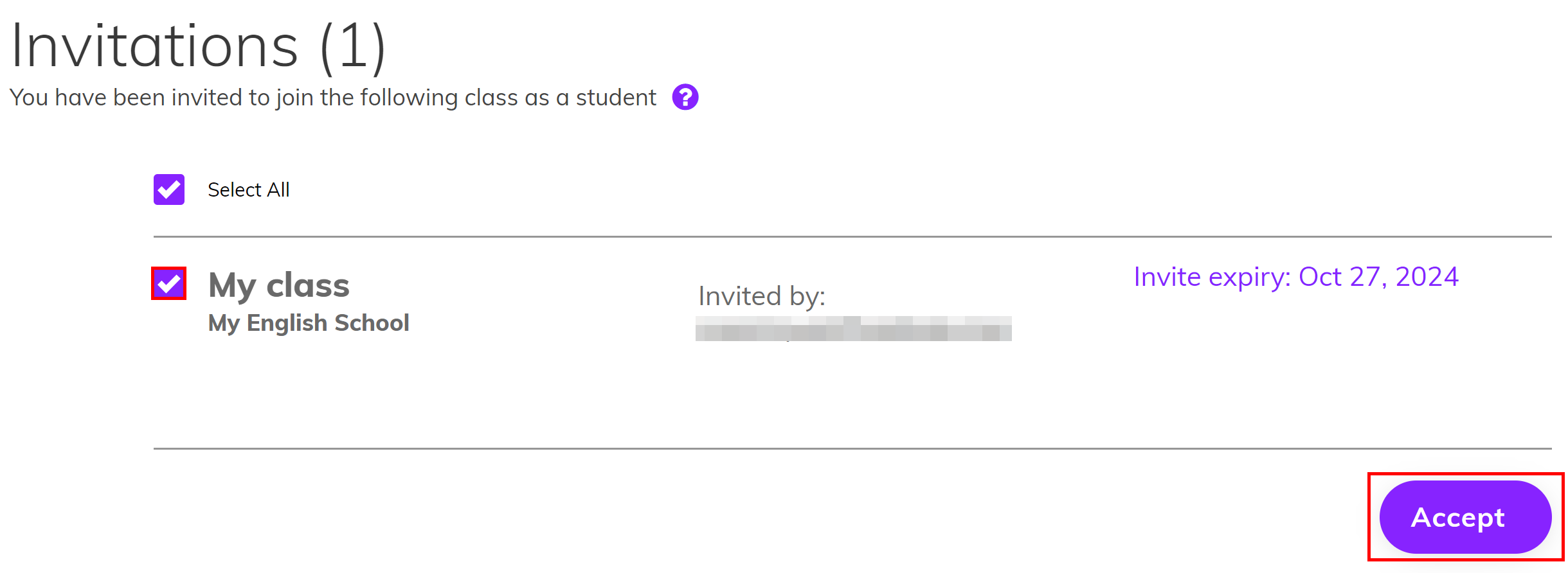 Screenshot showing the 'Invitations' screen highlighting the checkbox ticked next to the class name and the 'Accept button