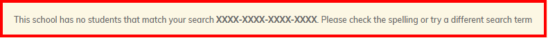 Screenshot showing the message indicating no matching student found