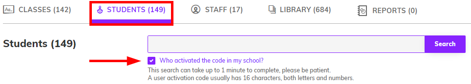 Screenshot showing the 'Students' tab with the 'Who activated the code in my school?' box ticked