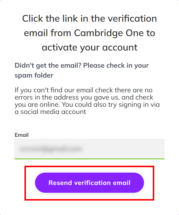 Screenshot showing the login page with the 'Resend verification email' button highlighted