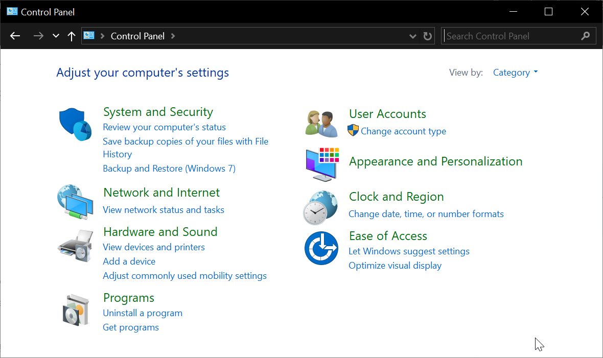 Screenshot of the Windows Control Panel