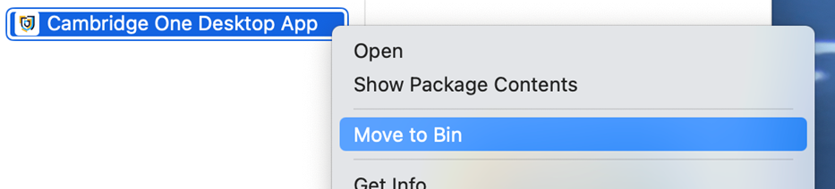 Screenshot showing the move to bin option on macos after rightclicking the app